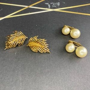 Vintage Clip on Gold Palm Earrings and Gold Pearl Earrings - Set of 2
